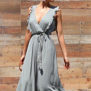 Maxi Dress Gray Grey Sage V Neck Ruffle Dress SML